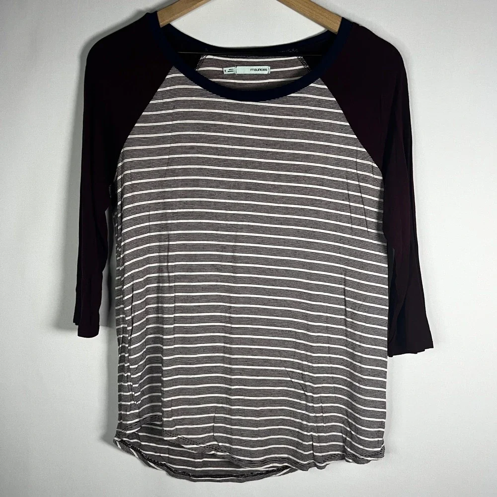 Maurices Shirt Women‎ Small Burgundy Striped Crewneck 3/4 Sleeve Blouse Baseball